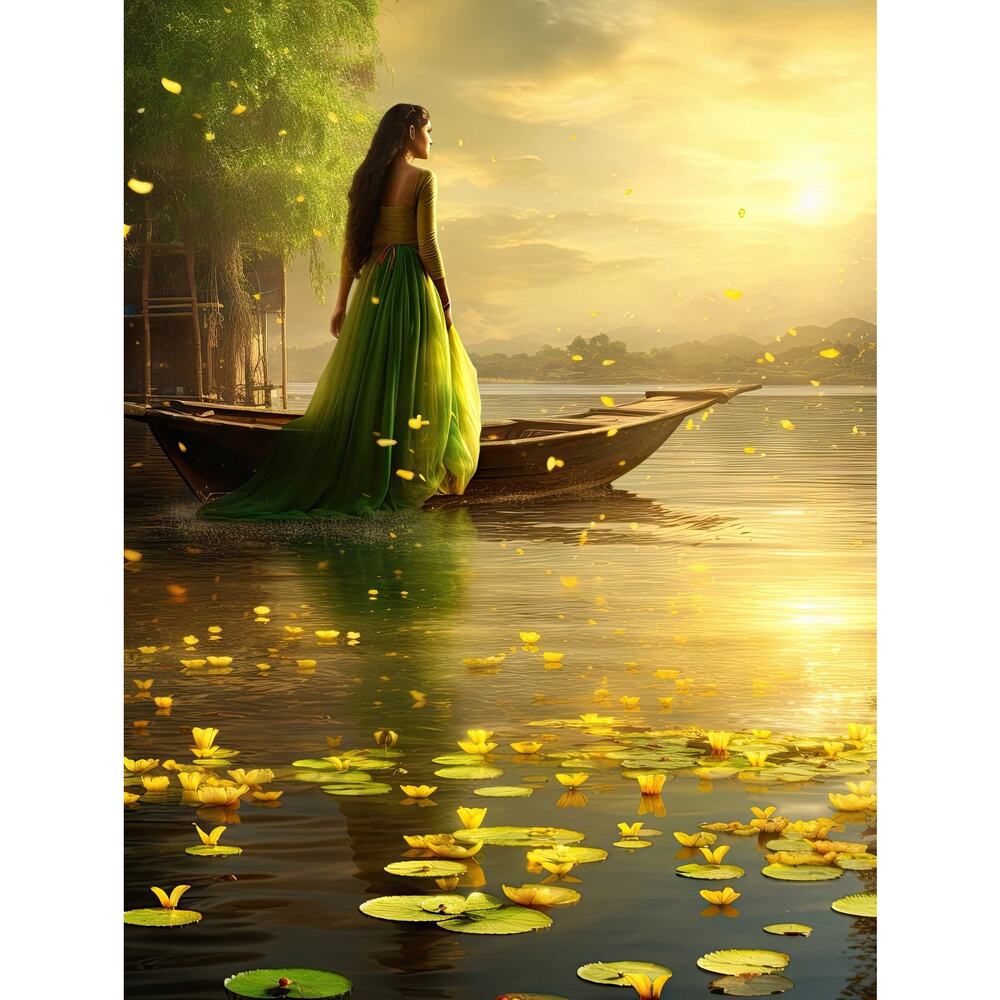 🔥Fantasy Art Print Woman in Flowing Yellow Gown Sunset Lake Boat Lily Pads 8x10